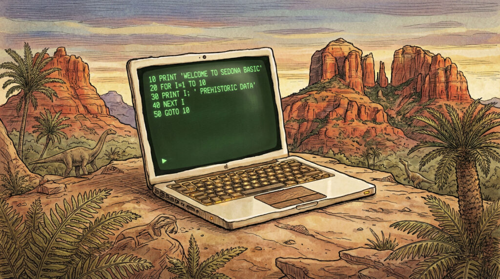 macBook running retro emulator with a BASIC program on the green screen.