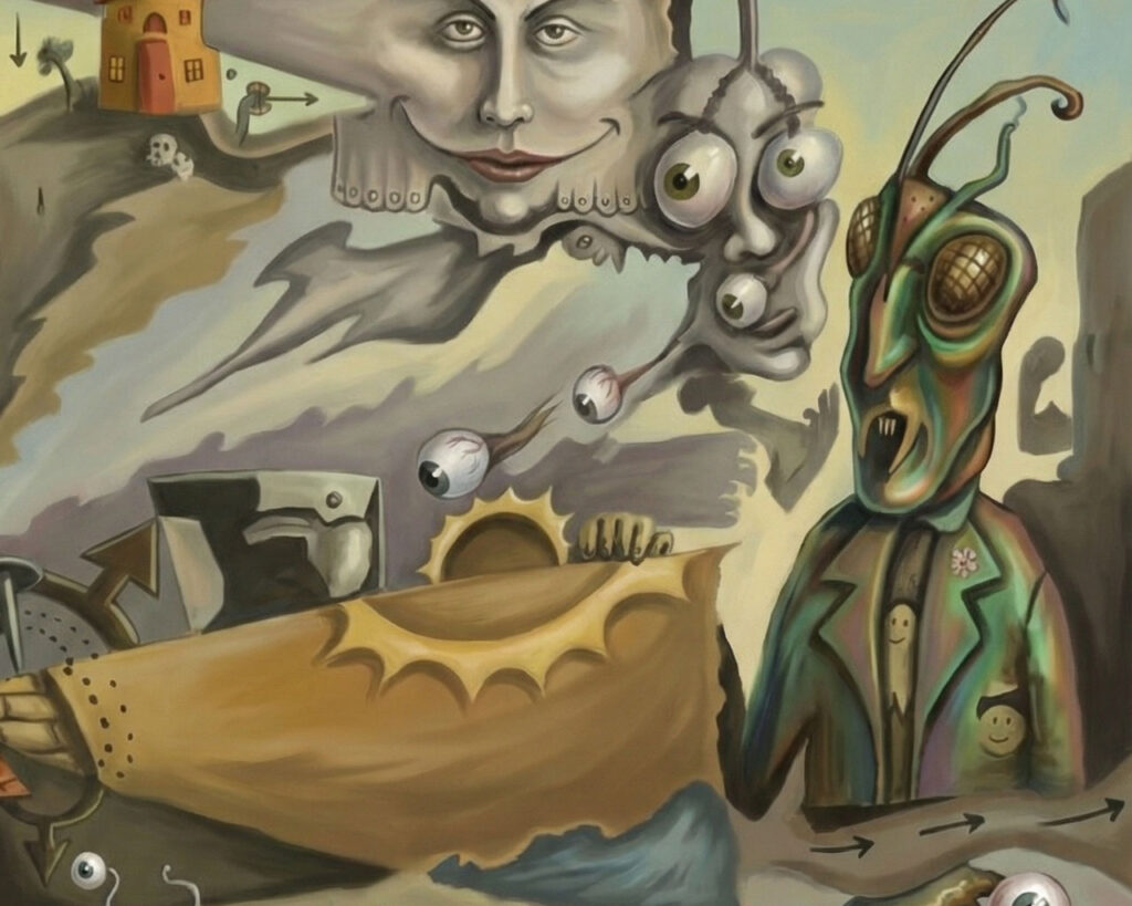 Surrealist painting of a Bug man.