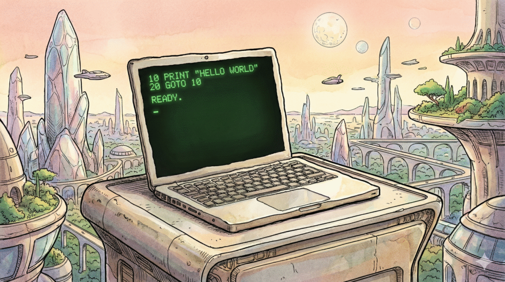 Futuristic city showing a macBook with a retro BASIC program on the screen.