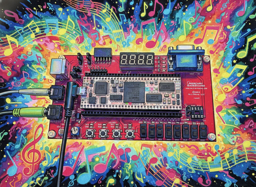 Mercury 2 Baseboard FPGA with musical notes surrounding it