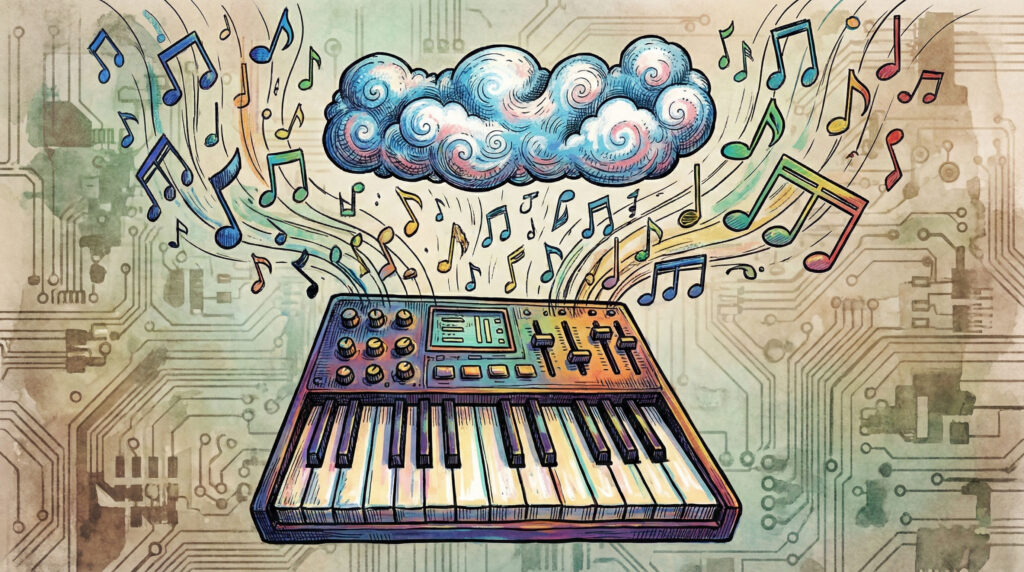 Illustration of a synthesizer sending musical notes to the cloud
