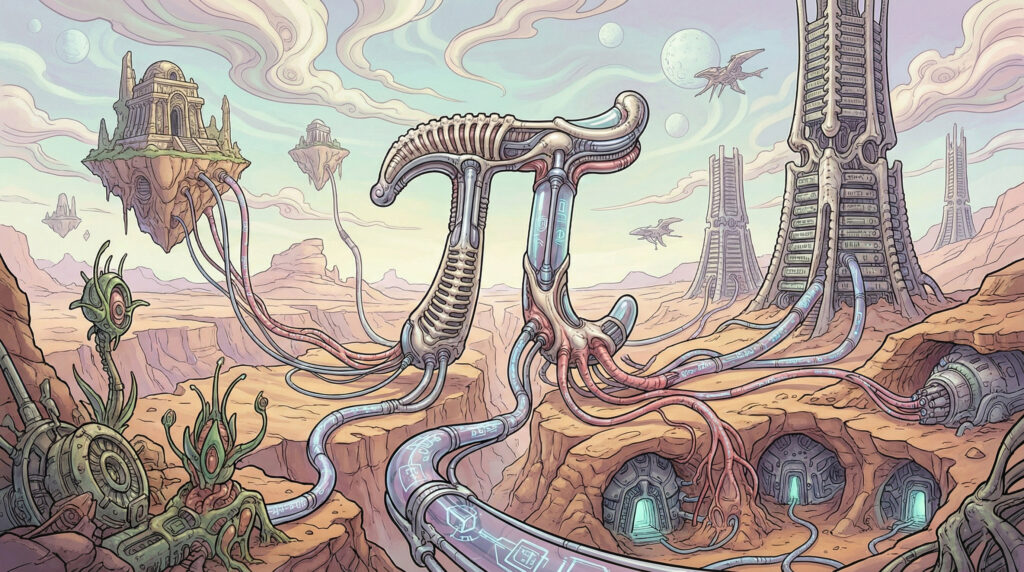 Stylized Pi symbol surrounded by futuristic landscape