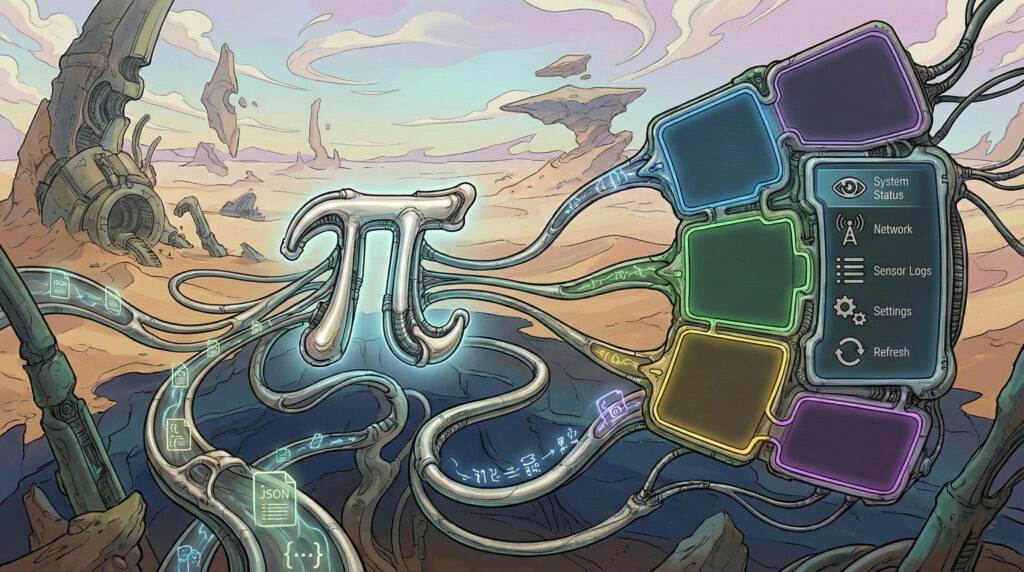 Stylized Pi symbol connected to abstract monitors depicting the pi calculus interactions