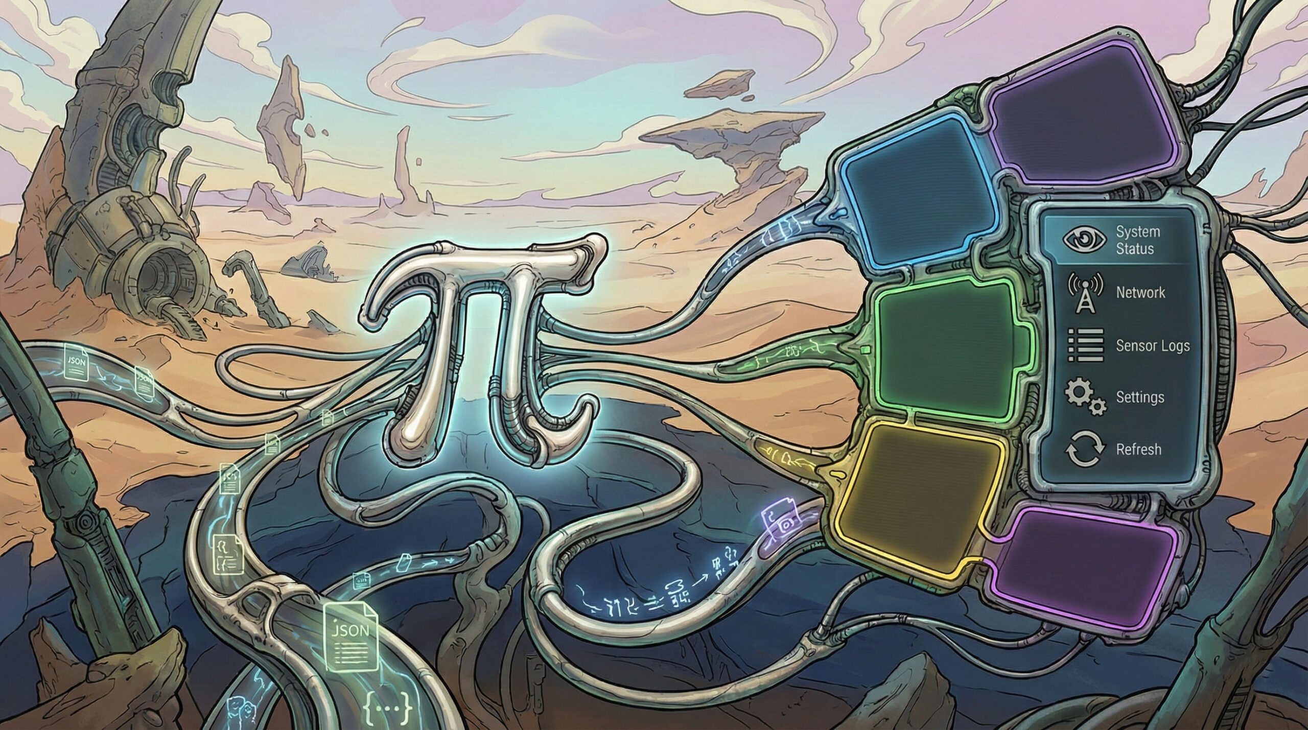 Stylized Pi symbol connected to abstract monitors depicting the pi calculus interactions
