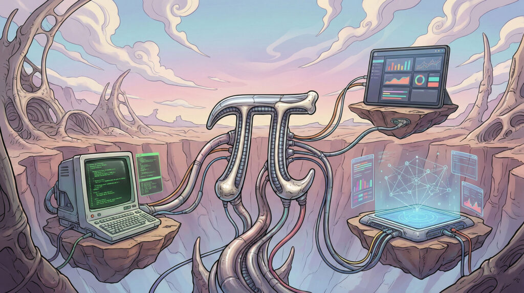 Stylized Pi symbol connected to three monitors
