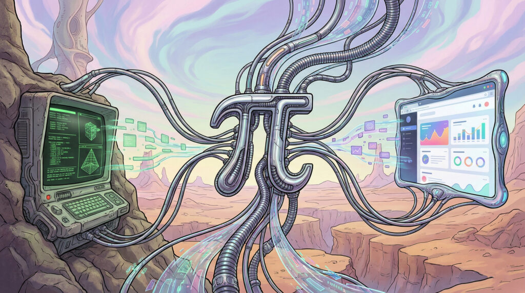 Stylized Pi symbol connected to a terminal and a web browser window