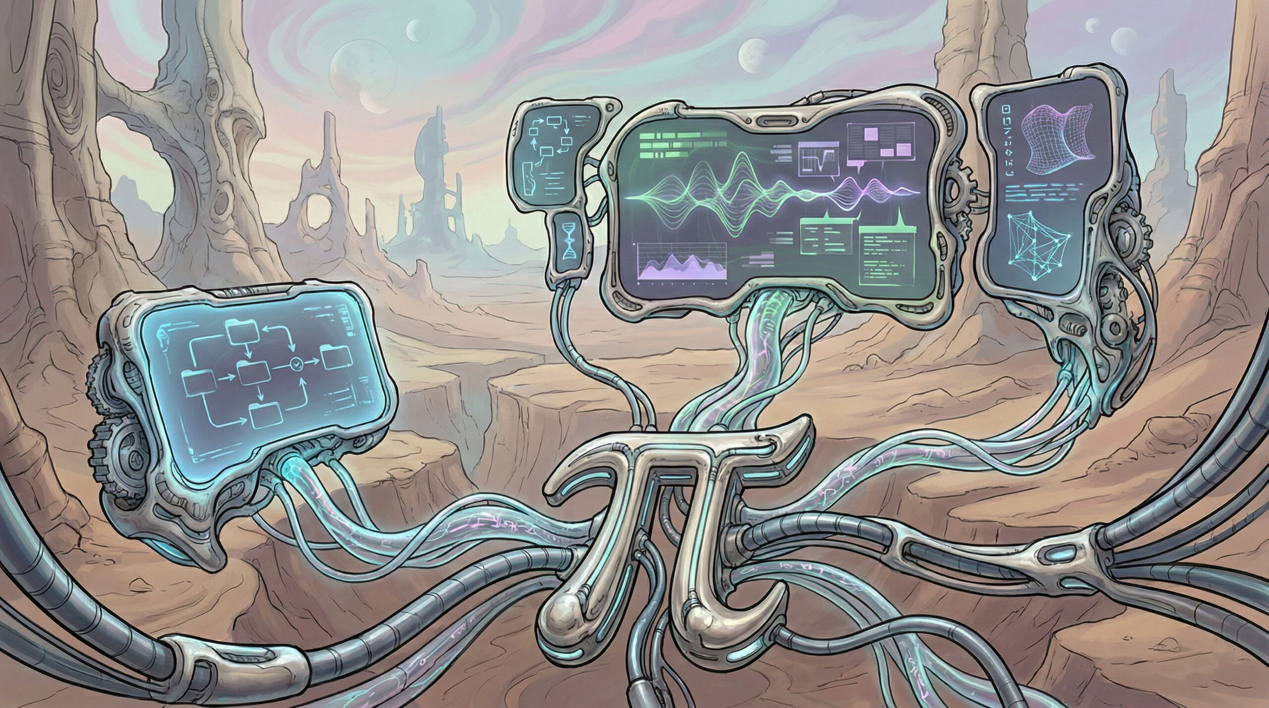 A stylized "pi" symbol connected to futuristic-looking computer monitors displaying abstract code.