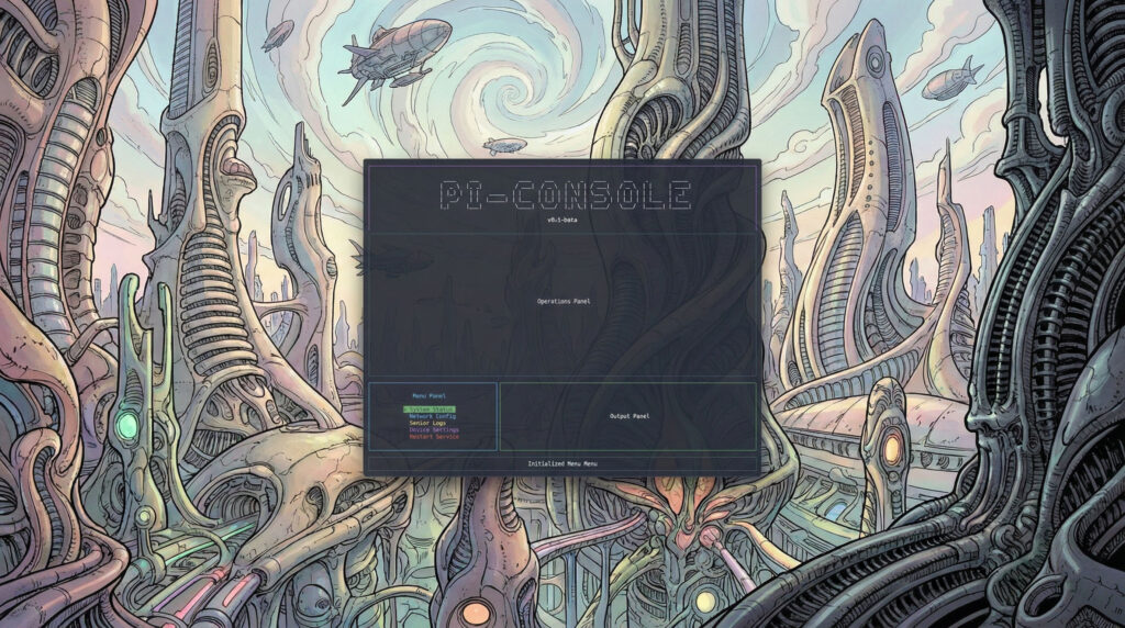 Pi Console centered in front of a futuristic Utopian city-scape