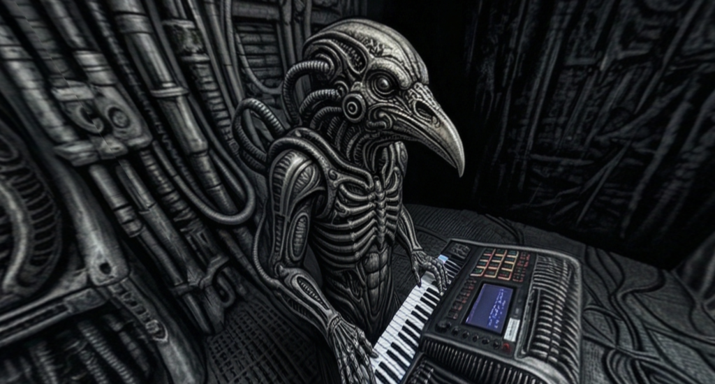 crow-headed alien playing a synthesizer