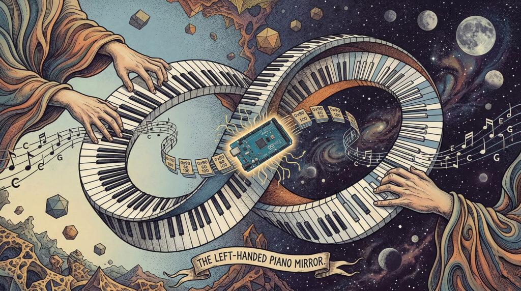 Stylized piano keyboard rendered as an infinite Moebius strip with an Arduino MEGA in the center.