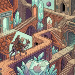 Abstract image of a man riding a camel on a puzzling staircase, surrounded by gaming elements like 20-sided dice